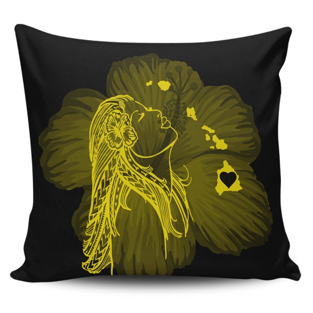 Hawaiian Map Heart Hula Girl Hibiscus Yellow Polynesian Pillow Covers - AH Pillow Covers Black - Polynesian Pride