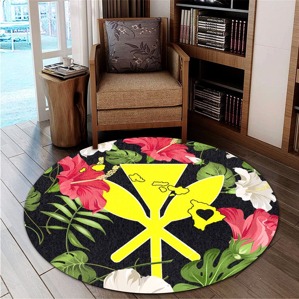Hawaiian Map Heart Kanaka Hibiscus Polynesian Round Carpet - AH - Polynesian Pride