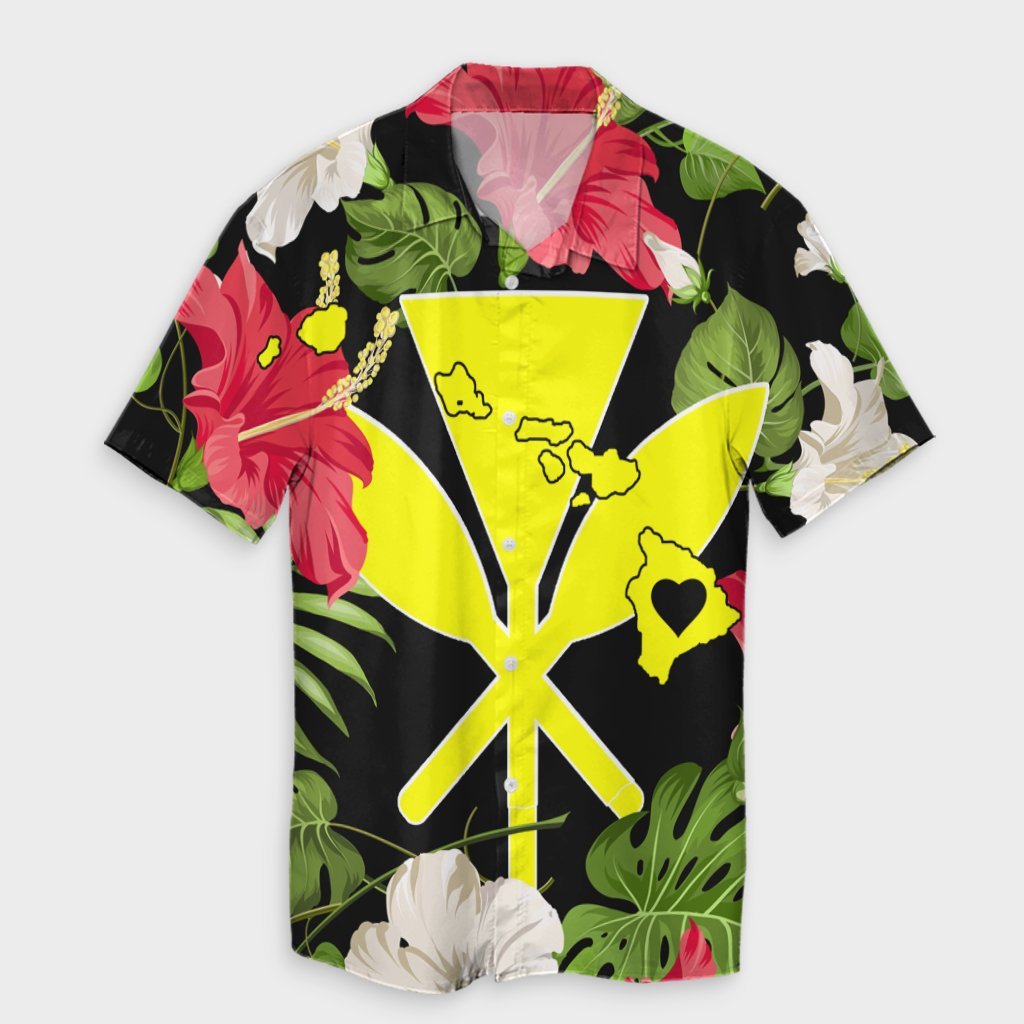 Hawaiian Map Heart Kanaka Hibiscus Polynesian Hawaiian Shirt - AH Unisex Black - Polynesian Pride