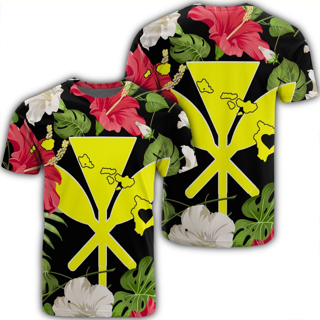 Hawaiian Map Heart Kanaka Hibiscus Polynesian T Shirt Unisex Black - Polynesian Pride