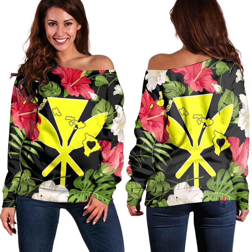 Hawaiian Map Heart Kanaka Hibiscus Polynesian Women's Off Shoulder Sweater - AH Black - Polynesian Pride