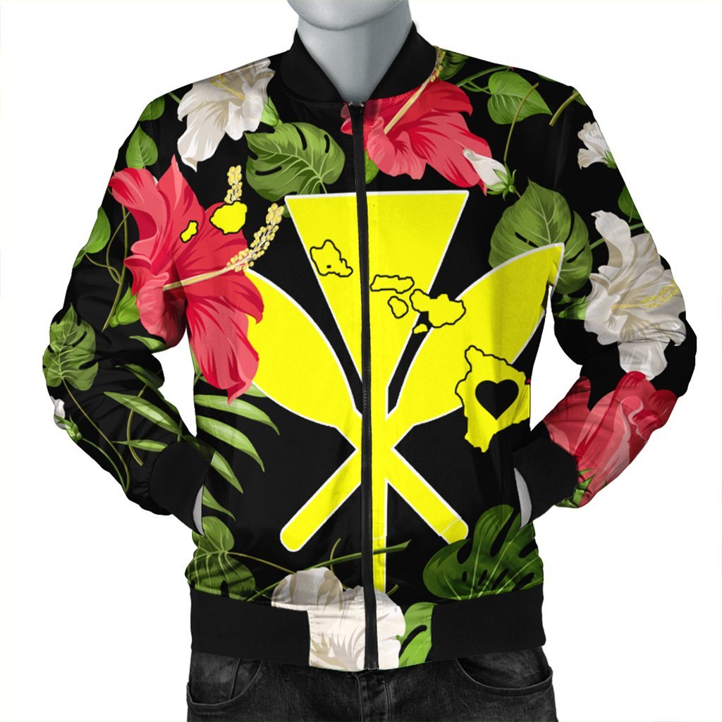 Hawaiian Map Heart Kanaka Hibiscus Polynesian Bomber Jacket - AH Black Unisex - Polynesian Pride