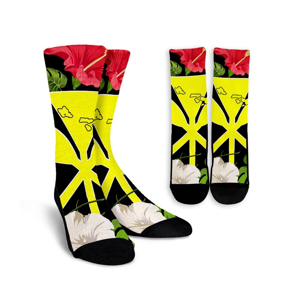 Hawaiian Map Heart Kanaka Hibiscus Polynesian Crew Socks - AH Crew Socks White - Polynesian Pride