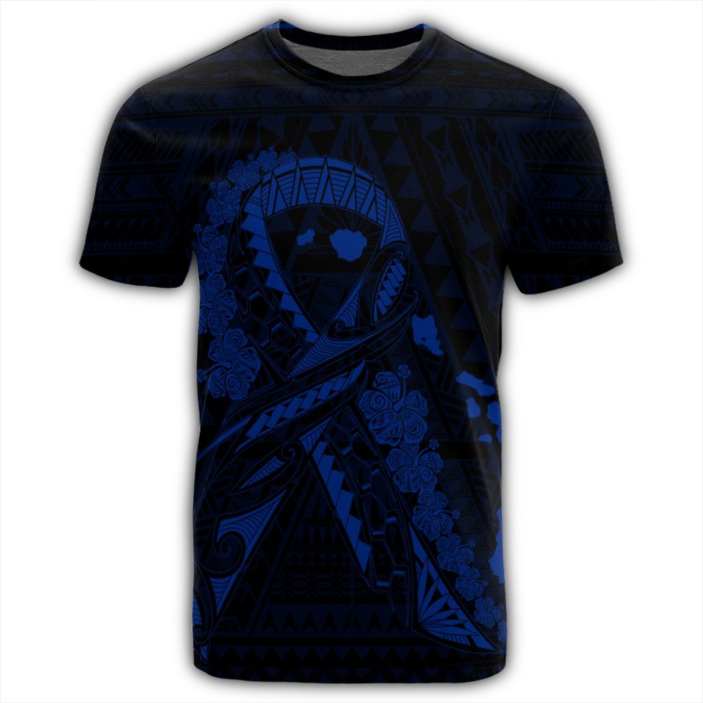 Hawaiian Map Heart Ribbon Cancer Hibiscus Blue Polynesian T Shirt - Polynesian Pride