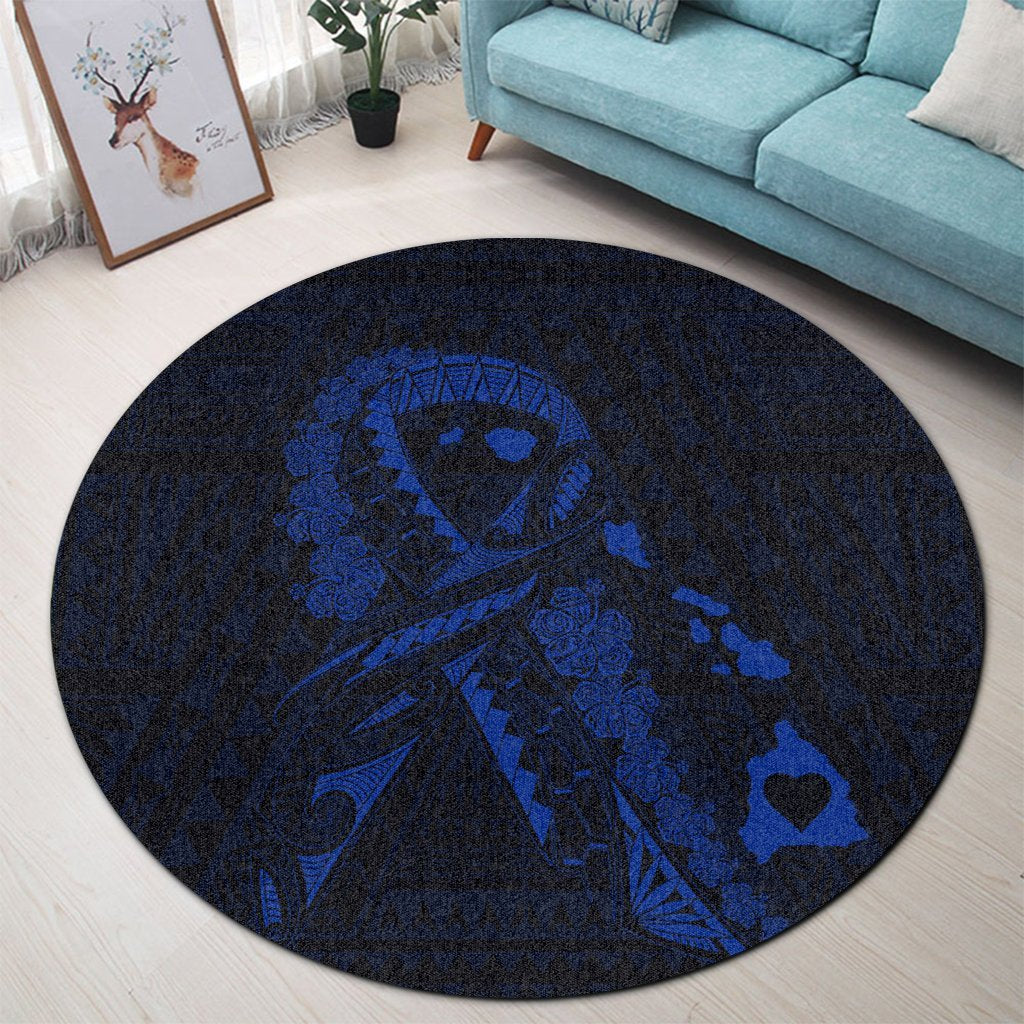 Hawaiian Map Heart Ribbon Cancer Hibiscus Blue Polynesian Round Carpet - AH - Polynesian Pride
