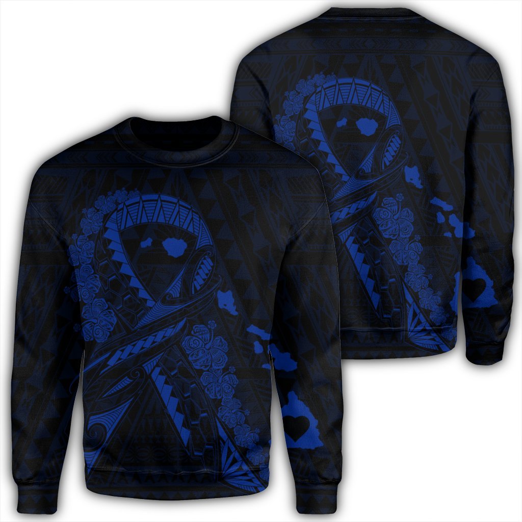 Hawaiian Map Heart Ribbon Cancer Hibiscus Blue Polynesian Sweatshirt - AH Unisex Black - Polynesian Pride