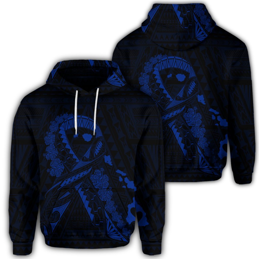 Hawaiian Map Heart Ribbon Cancer Hibiscus Blue Polynesian Hoodie Unisex Art - Polynesian Pride