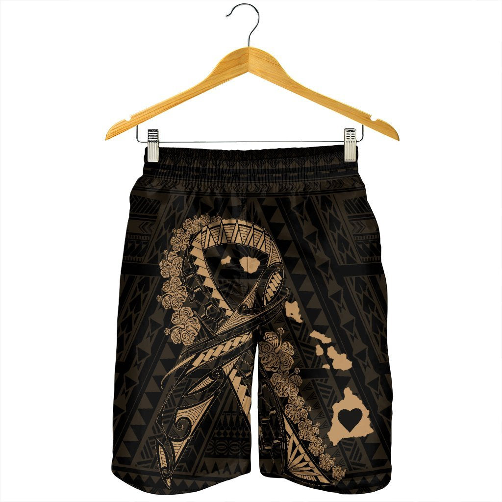 Hawaiian Map Heart Ribbon Cancer Hibiscus Gold Polynesian Men's Shorts - AH - Polynesian Pride