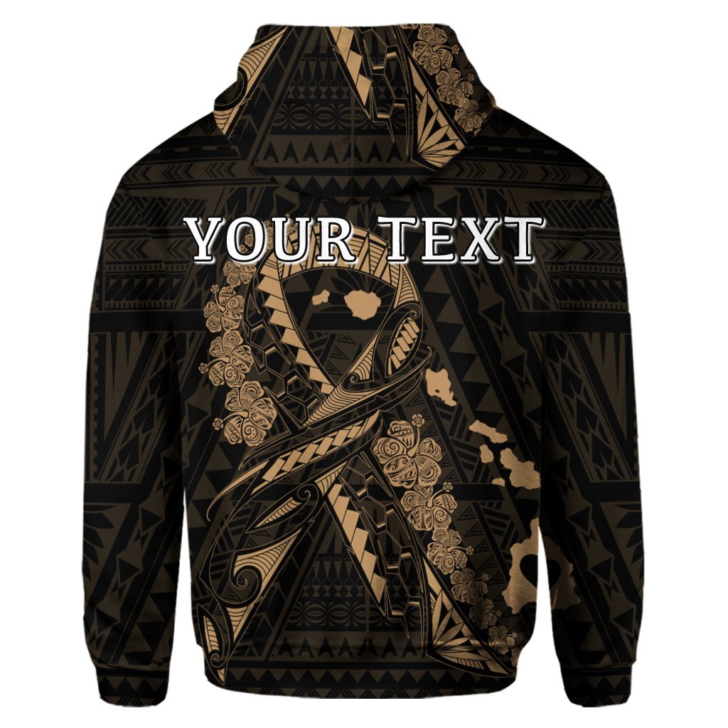 Custom Hawaiian Map Heart Ribbon Cancer Hibiscus Gold Polynesian Hoodie - Polynesian Pride