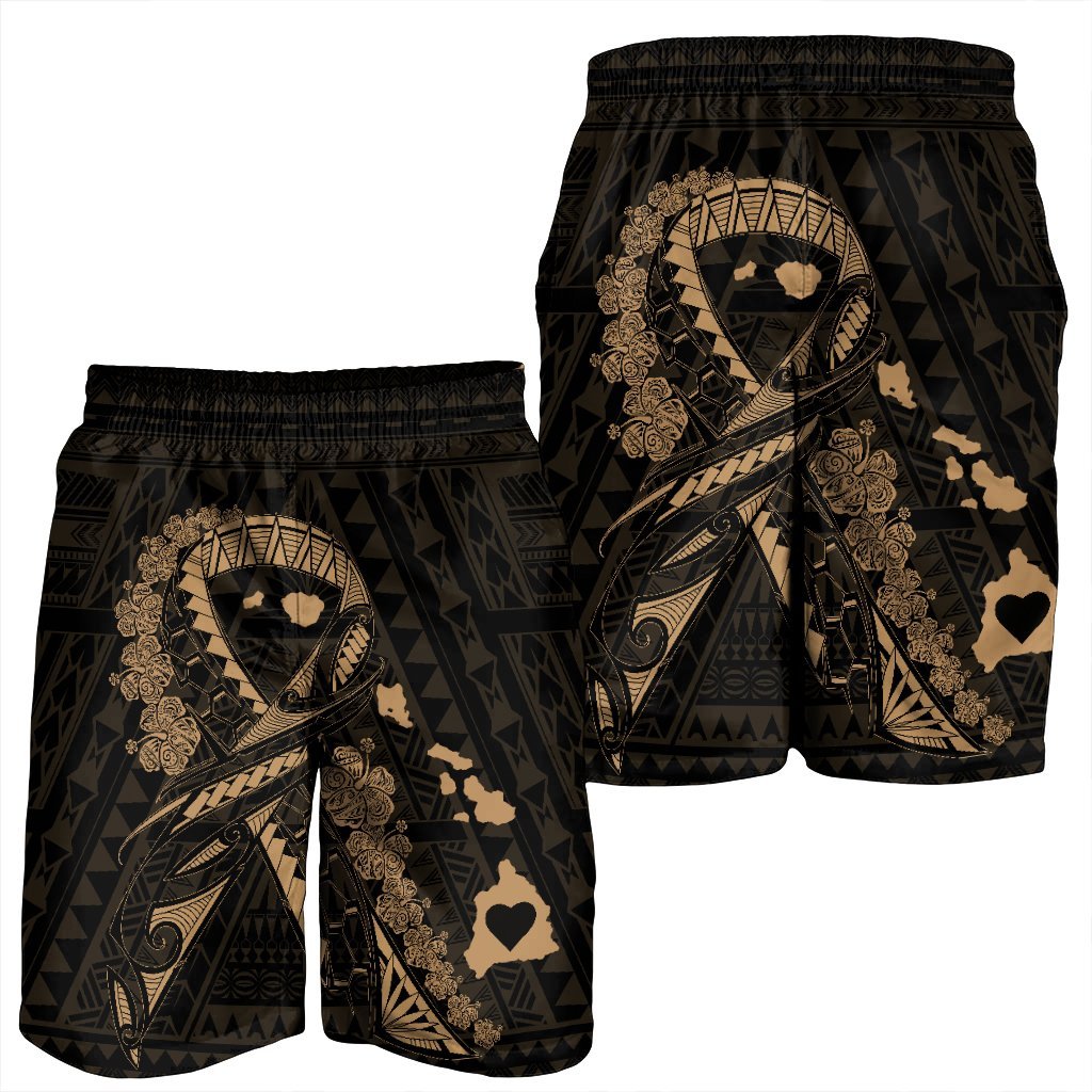 Hawaiian Map Heart Ribbon Cancer Hibiscus Gold Polynesian Men's Shorts - AH - Polynesian Pride