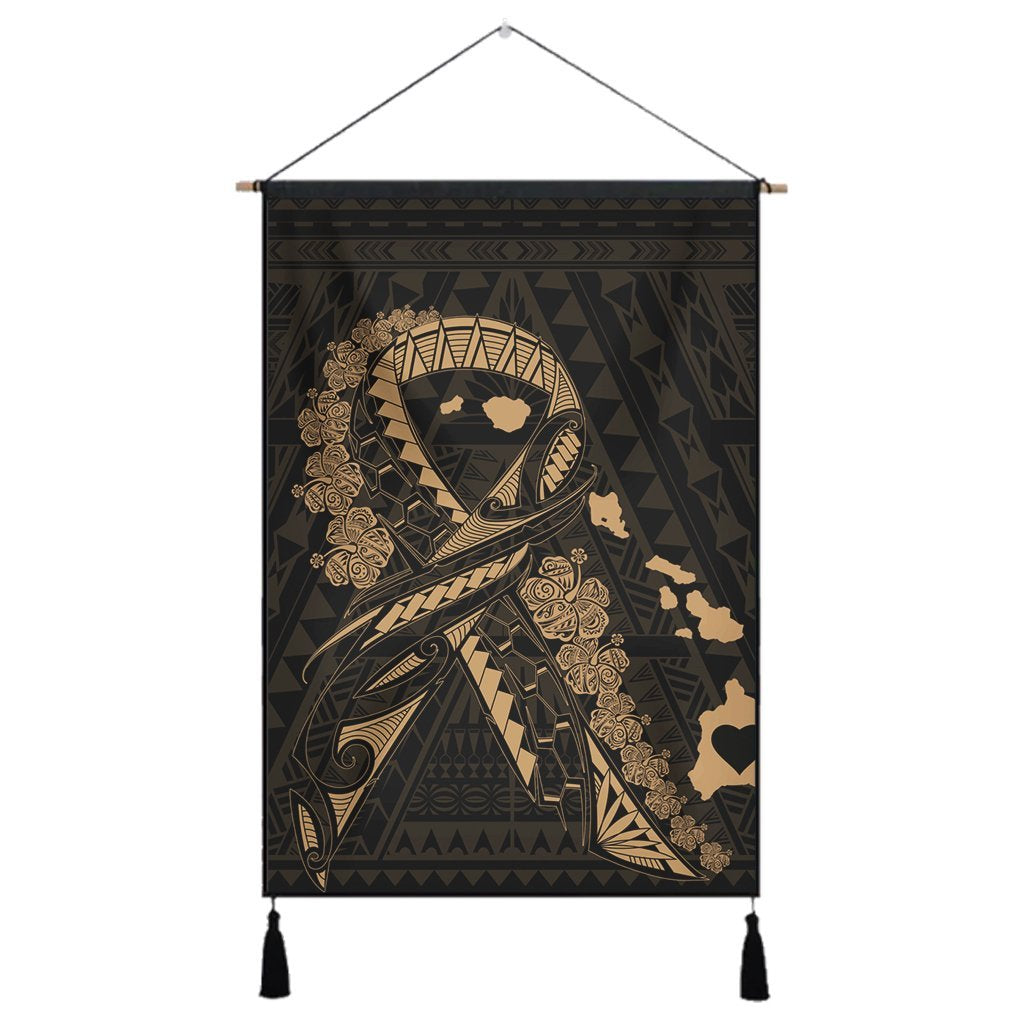 Hawaiian Map Heart Ribbon Cancer Hibiscus Gold Polynesian Hanging Poster - AH Hanging Poster Cotton And Linen - Polynesian Pride