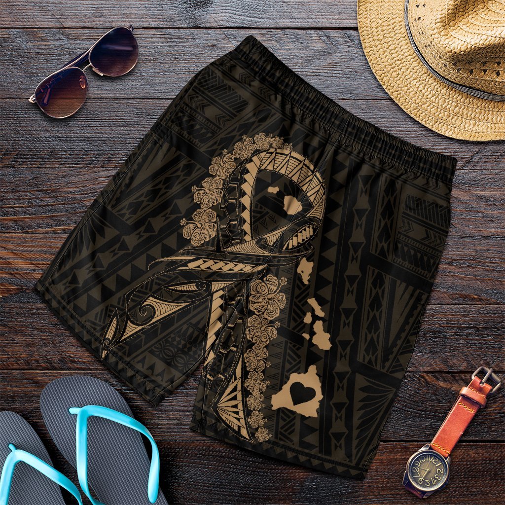 Hawaiian Map Heart Ribbon Cancer Hibiscus Gold Polynesian Men's Shorts - AH Art - Polynesian Pride