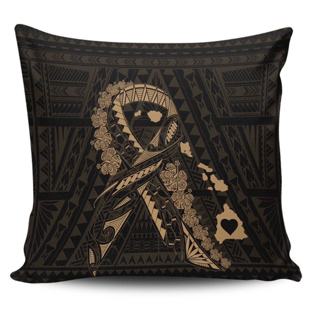 Hawaiian Map Heart Ribbon Cancer Hibiscus Gold Polynesian Pillow Covers - AH Pillow Covers Black - Polynesian Pride