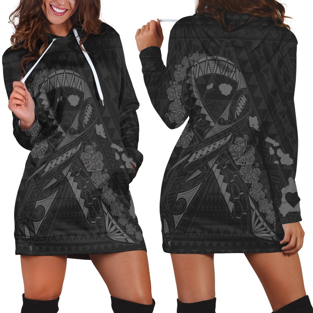 Hawaiian Map Heart Ribbon Cancer Hibiscus Gray Polynesian Hoodie Dress - AH Black - Polynesian Pride