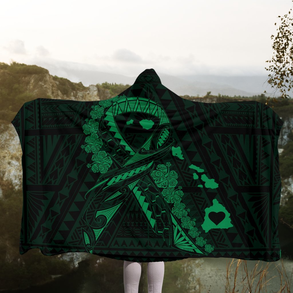Hawaiian Map Heart Ribbon Cancer Hibiscus Green Polynesian Hooded Blanket - AH - Polynesian Pride