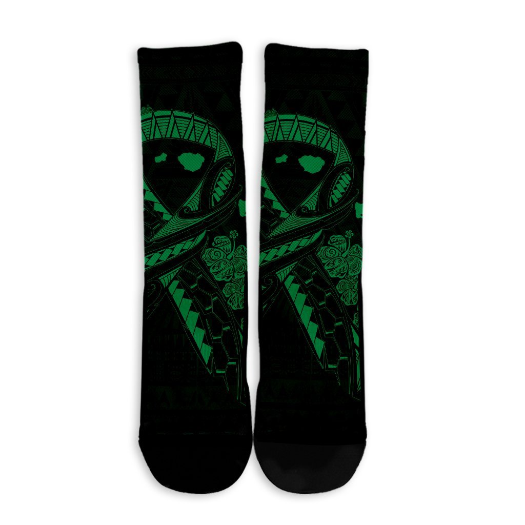 Hawaiian Map Heart Ribbon Cancer Hibiscus Green Polynesian Crew Socks - AH - Polynesian Pride