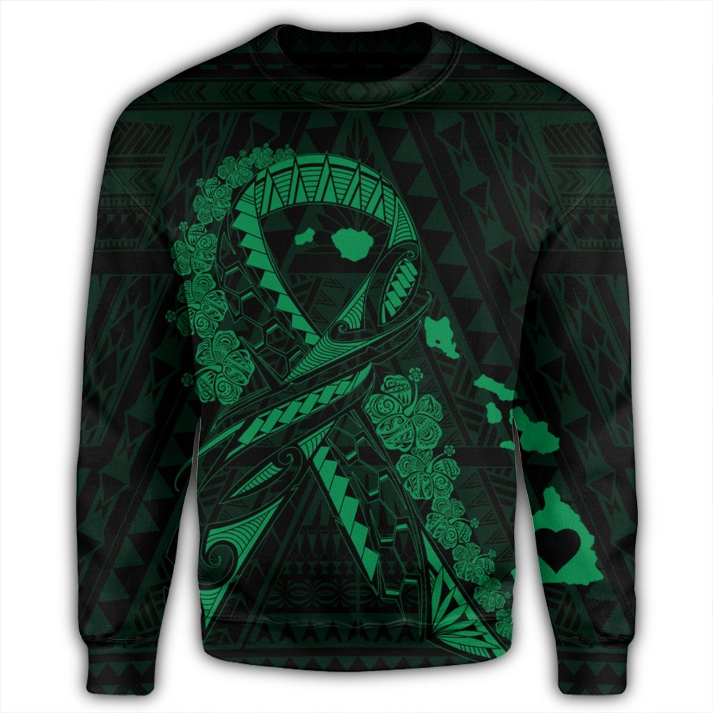 Hawaiian Map Heart Ribbon Cancer Hibiscus Green Polynesian Sweatshirt - AH - Polynesian Pride