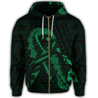 Hawaiian Map Heart Ribbon Cancer Hibiscus Green Polynesian Zip Hoodie - Polynesian Pride