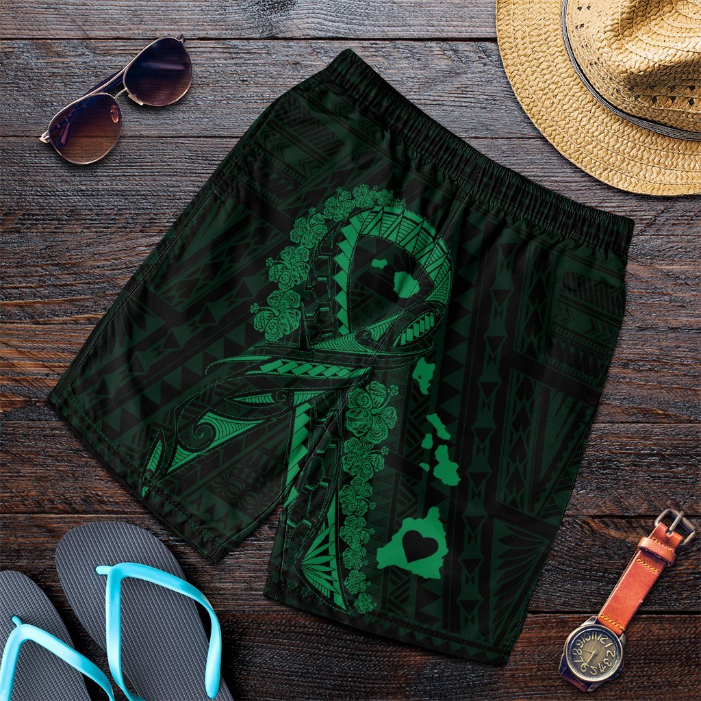 Hawaiian Map Heart Ribbon Cancer Hibiscus Green Polynesian Men's Shorts - AH Art - Polynesian Pride