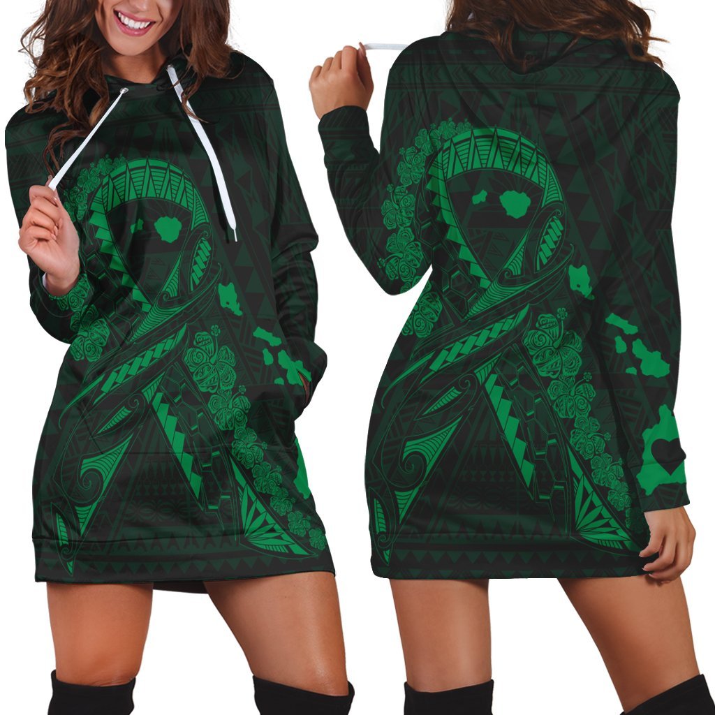 Hawaiian Map Heart Ribbon Cancer Hibiscus Green Polynesian Hoodie Dress - AH Black - Polynesian Pride