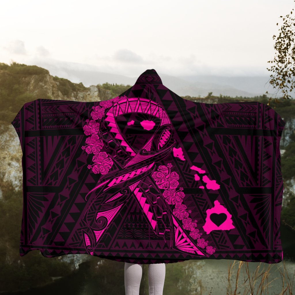 Hawaiian Map Heart Ribbon Cancer Hibiscus Pink Polynesian Hooded Blanket - AH - Polynesian Pride