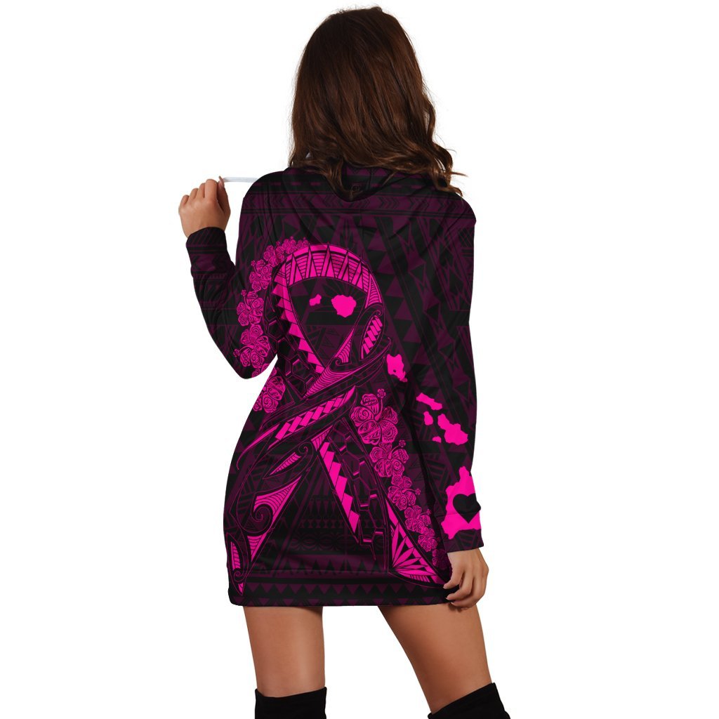Hawaiian Map Heart Ribbon Cancer Hibiscus Pink Polynesian Hoodie Dress - AH - Polynesian Pride
