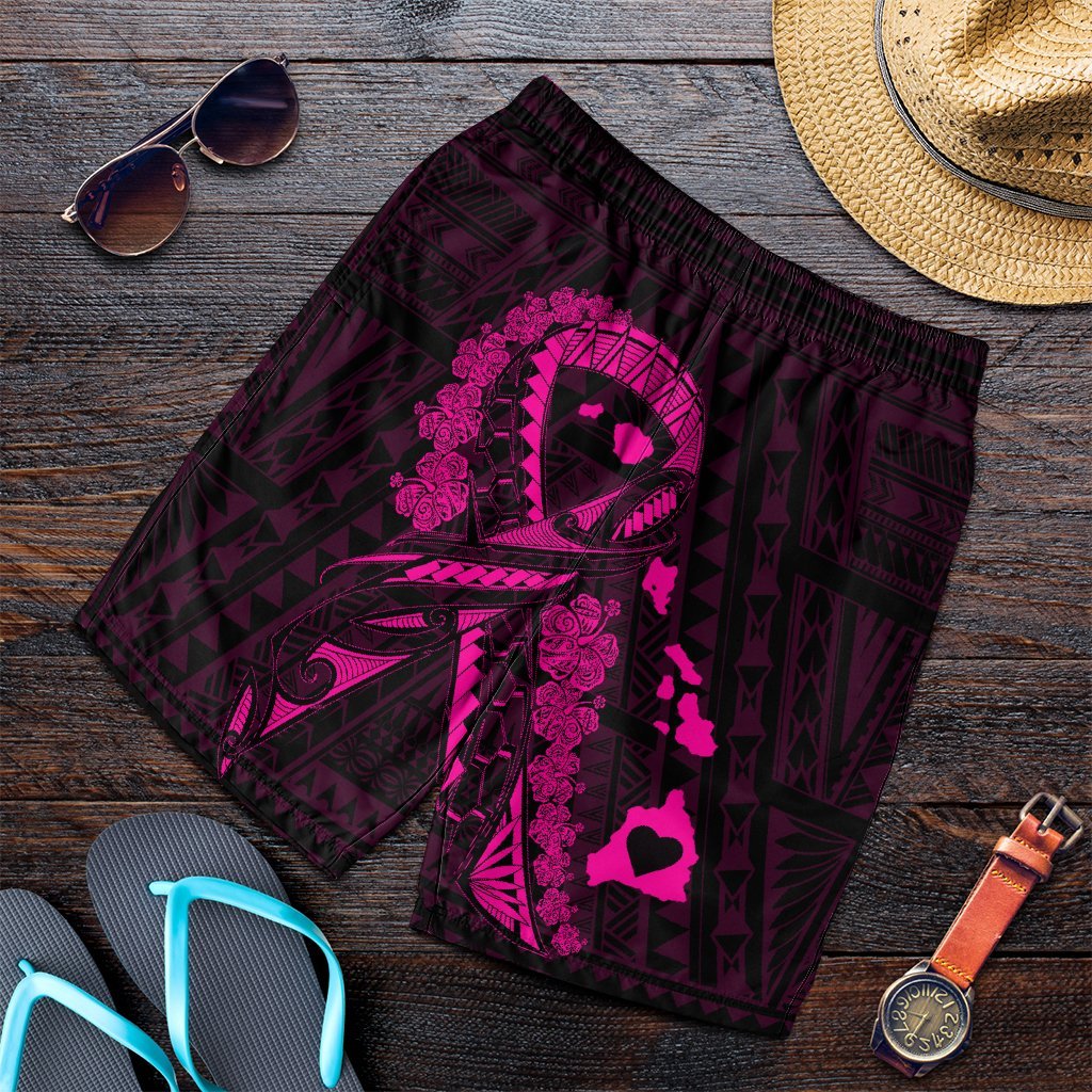 Hawaiian Map Heart Ribbon Cancer Hibiscus Pink Polynesian Men's Shorts - AH Art - Polynesian Pride