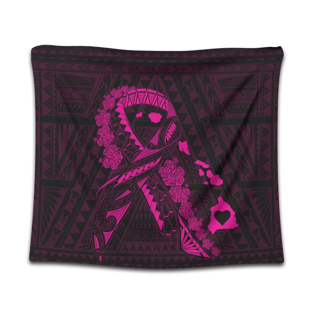 Hawaiian Map Heart Ribbon Cancer Hibiscus Pink Polynesian Tapestry - AH Wall Tapestry Black - Polynesian Pride