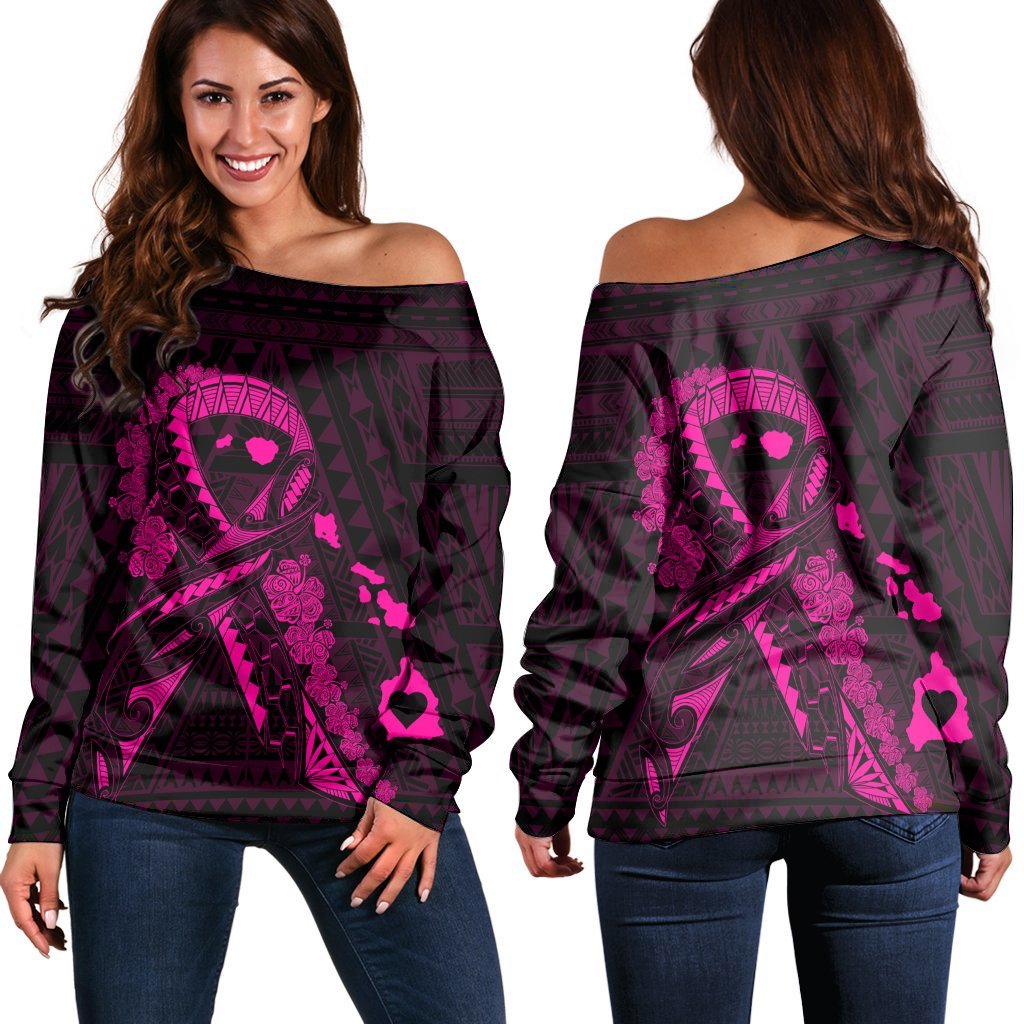 Hawaiian Map Heart Ribbon Cancer Hibiscus Pink Polynesian Women's Off Shoulder Sweater - AH Black - Polynesian Pride