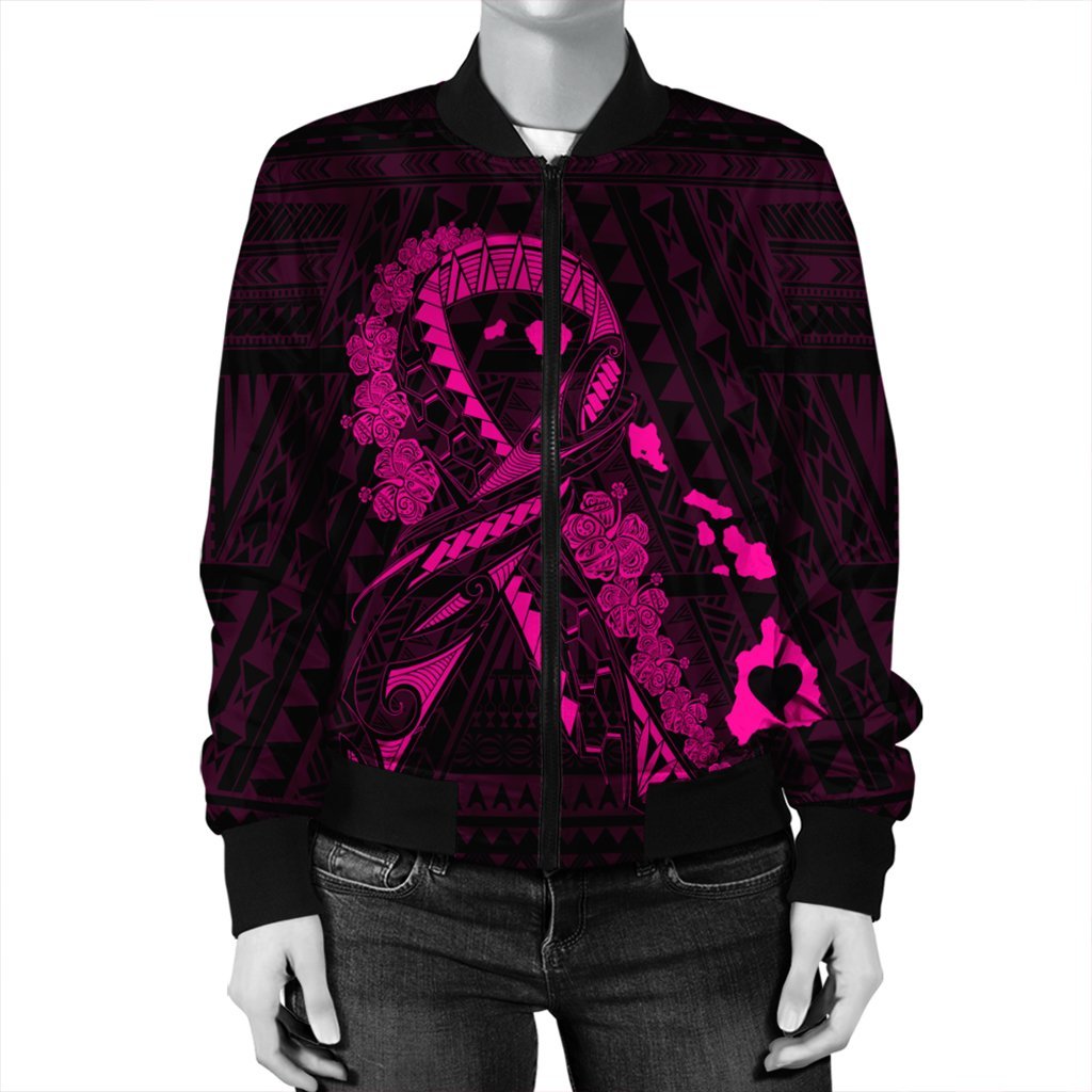 Hawaiian Map Heart Ribbon Cancer Hibiscus Pink Polynesian Bomber Jacket - AH - Polynesian Pride