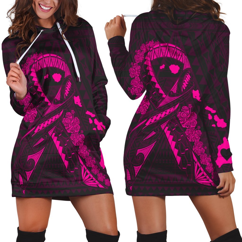 Hawaiian Map Heart Ribbon Cancer Hibiscus Pink Polynesian Hoodie Dress - AH Black - Polynesian Pride