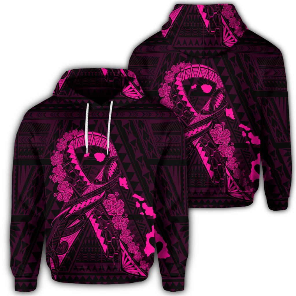 Hawaiian Map Heart Ribbon Cancer Hibiscus Pink Polynesian Hoodie Unisex Art - Polynesian Pride