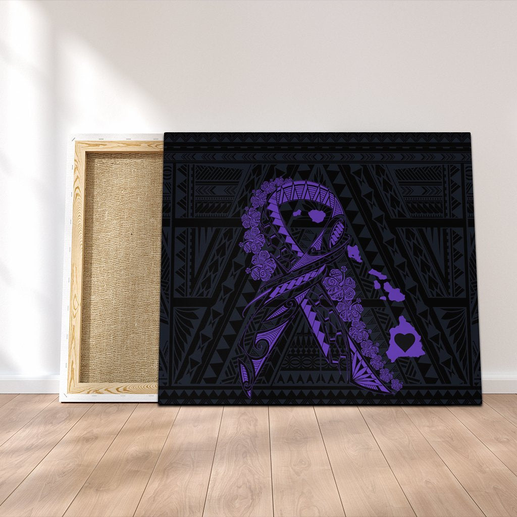 Hawaiian Map Heart Ribbon Cancer Hibiscus Purple Polynesian Canvas - AH Canvas Poly-cotton - Polynesian Pride