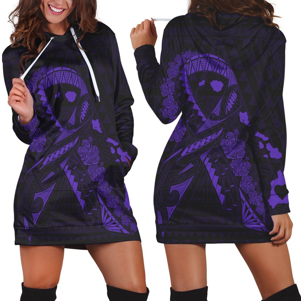 Hawaiian Map Heart Ribbon Cancer Hibiscus Purple Polynesian Hoodie Dress - AH Black - Polynesian Pride