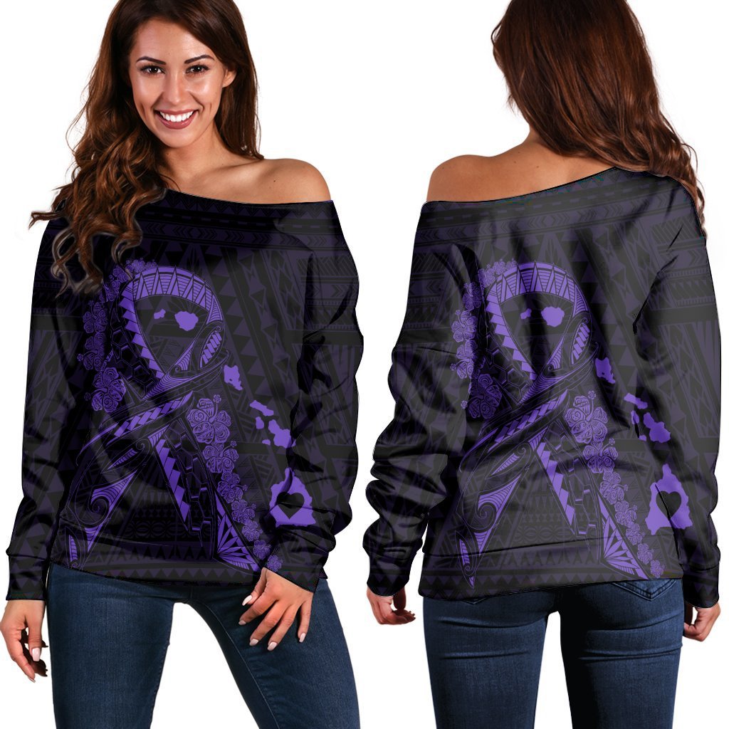 Hawaiian Map Heart Ribbon Cancer Hibiscus Purple Polynesian Women's Off Shoulder Sweater - AH Black - Polynesian Pride