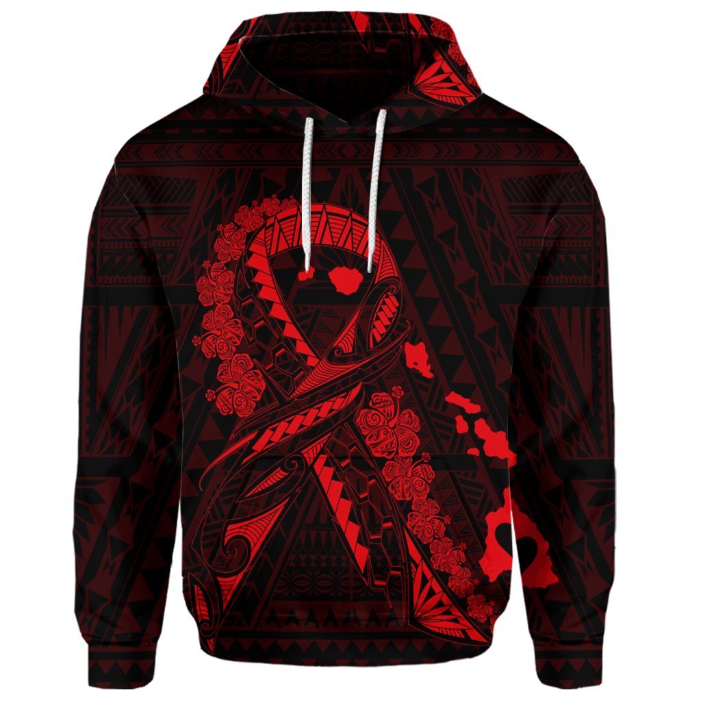 Custom Hawaiian Map Heart Ribbon Cancer Hibiscus Red Polynesian Hoodie - Polynesian Pride