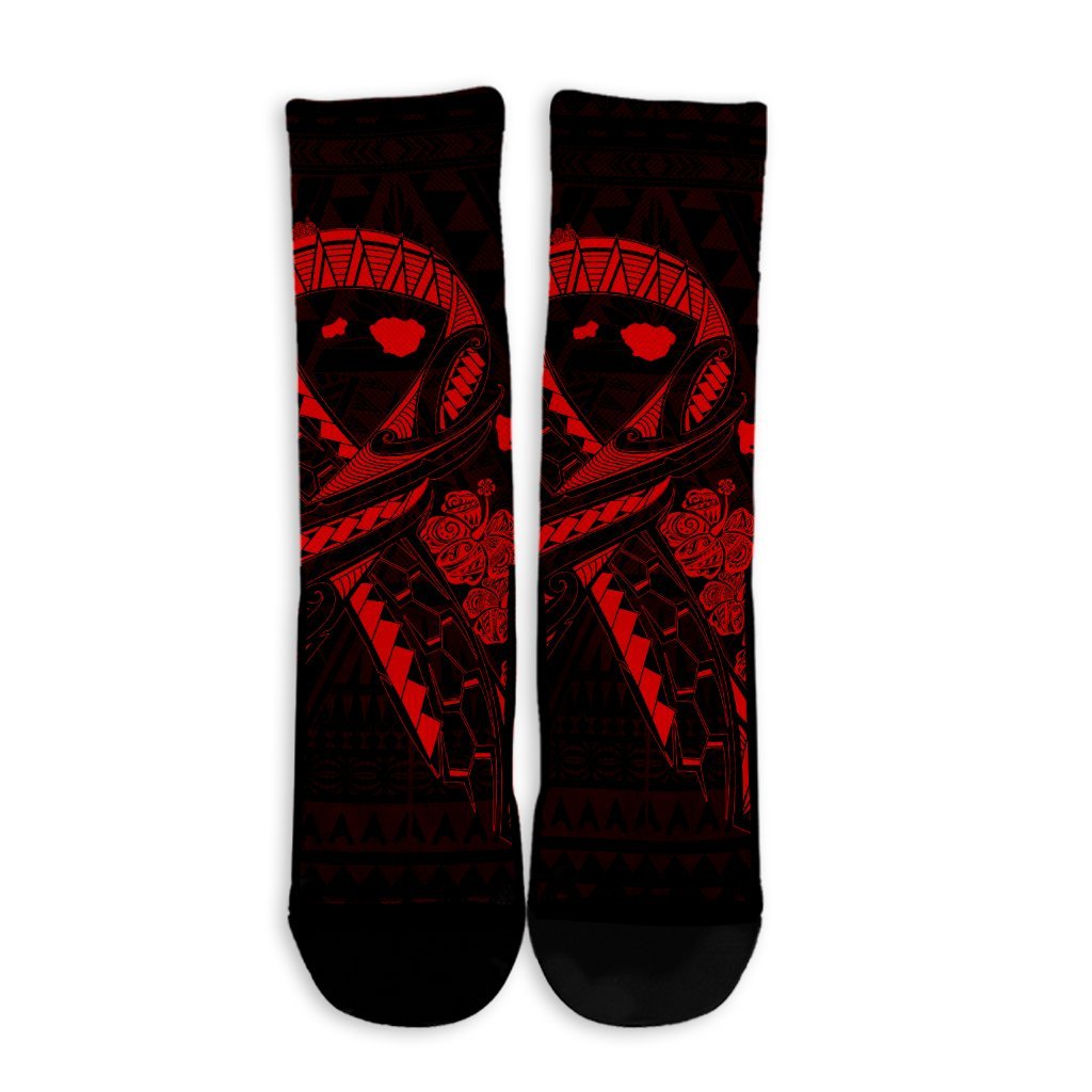 Hawaiian Map Heart Ribbon Cancer Hibiscus Red Polynesian Crew Socks - AH - Polynesian Pride