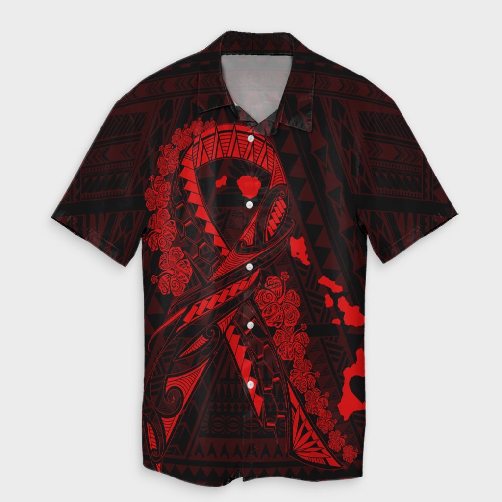 Hawaiian Map Heart Ribbon Cancer Hibiscus Red Polynesian Hawaiian Shirt - AH Unisex Black - Polynesian Pride