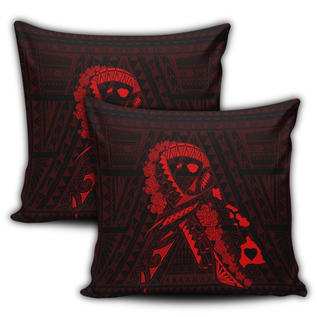 Hawaiian Map Heart Ribbon Cancer Hibiscus Red Polynesian Pillow Covers - AH - Polynesian Pride