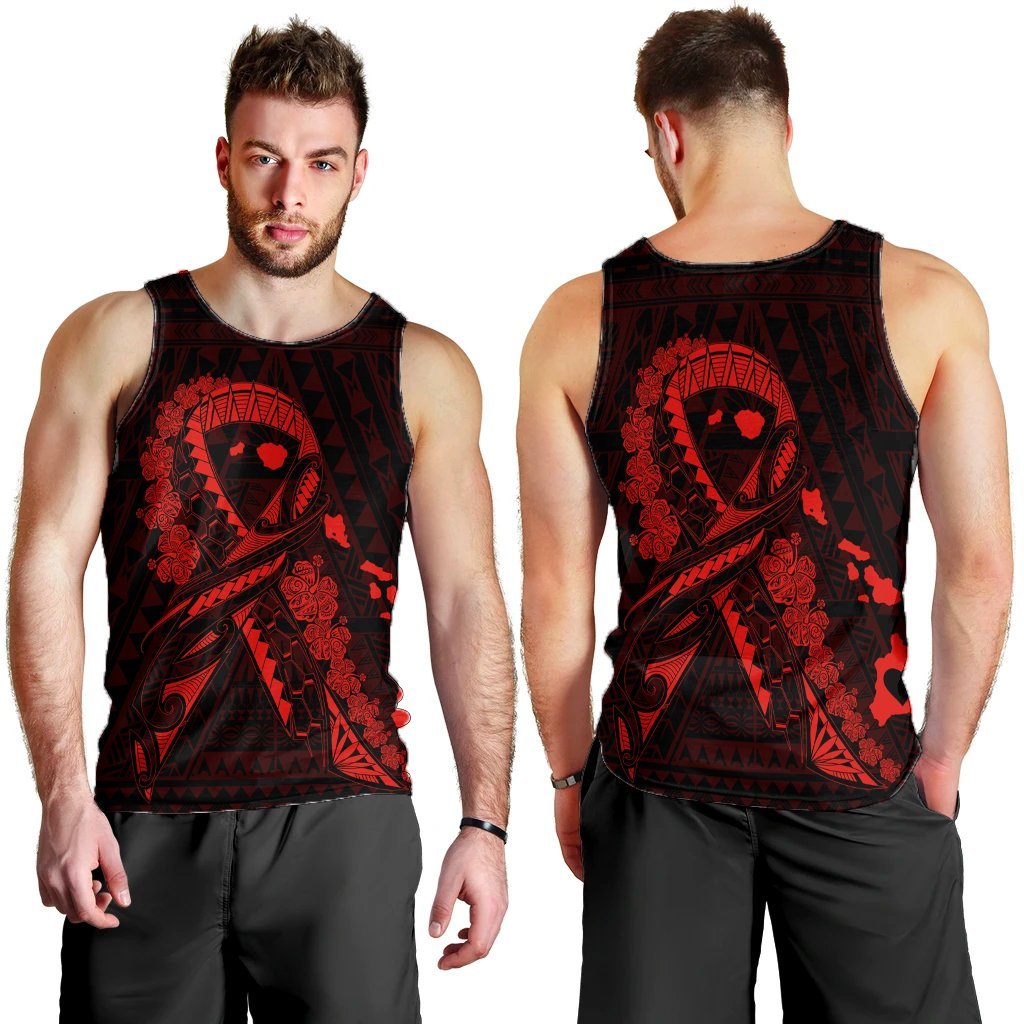 Hawaiian Map Heart Ribbon Cancer Hibiscus Red Polynesian Tank Top - AH - Polynesian Pride
