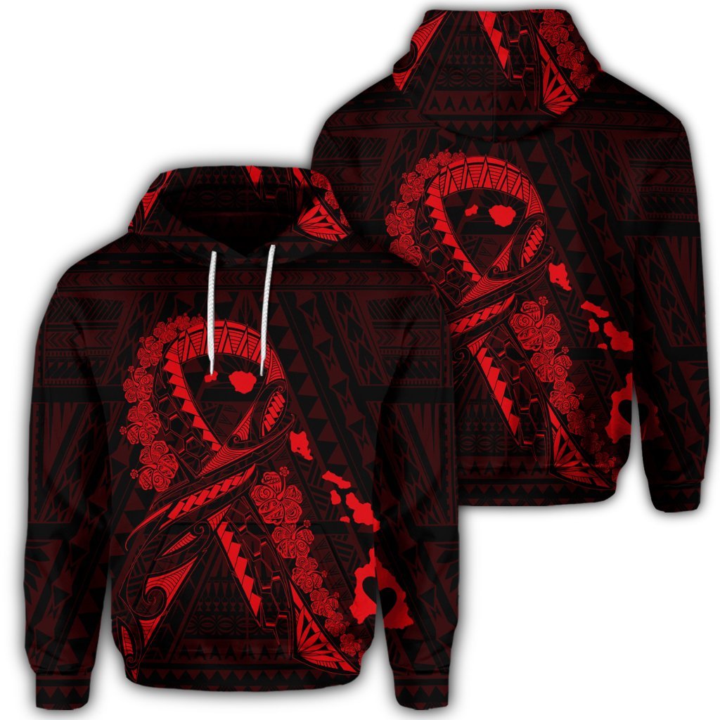 Hawaiian Map Heart Ribbon Cancer Hibiscus Red Polynesian Hoodie Unisex Art - Polynesian Pride