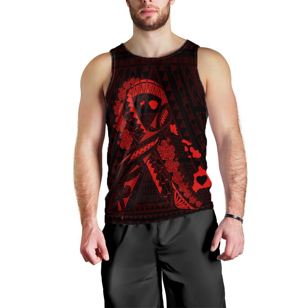 Hawaiian Map Heart Ribbon Cancer Hibiscus Red Polynesian Tank Top - AH Black - Polynesian Pride