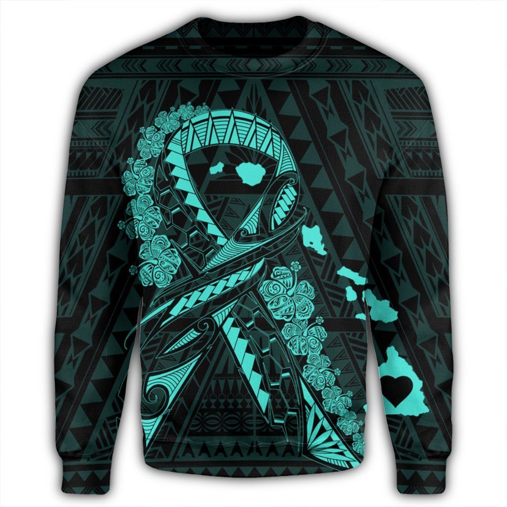 Hawaiian Map Heart Ribbon Cancer Hibiscus Turquoise Polynesian Sweatshirt - AH - Polynesian Pride
