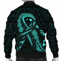 Hawaiian Map Heart Ribbon Cancer Hibiscus Turquoise Polynesian Bomber Jacket - AH - Polynesian Pride