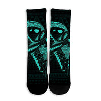 Hawaiian Map Heart Ribbon Cancer Hibiscus Turquoise Polynesian Crew Socks - AH - Polynesian Pride