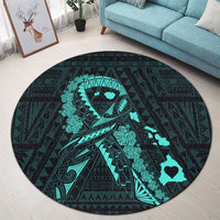 Hawaiian Map Heart Ribbon Cancer Hibiscus Turquoise Polynesian Round Carpet - AH - Polynesian Pride