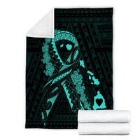 Hawaiian Map Heart Ribbon Cancer Hibiscus Turquoise Polynesian Premium Blankets - AH - Polynesian Pride
