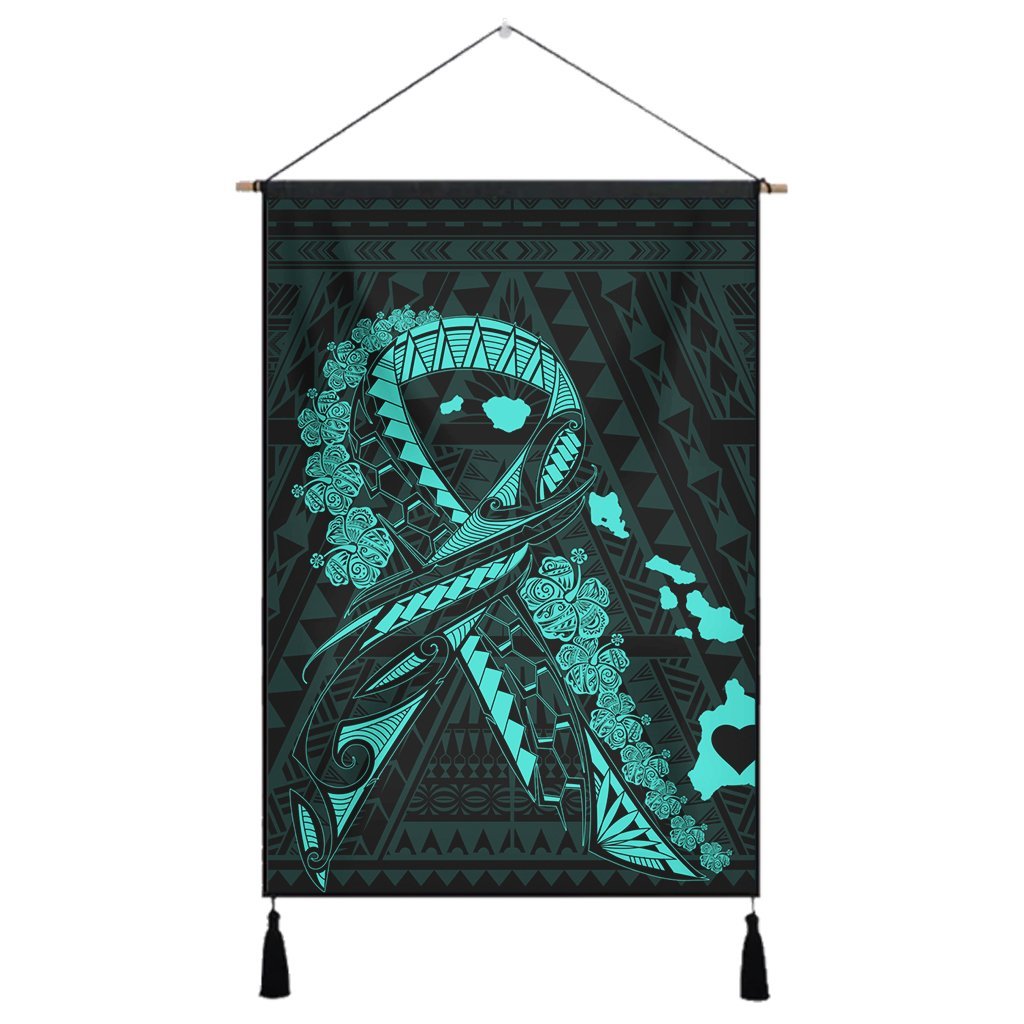 Hawaiian Map Heart Ribbon Cancer Hibiscus Turquoise Polynesian Hanging Poster - AH Hanging Poster Cotton And Linen - Polynesian Pride