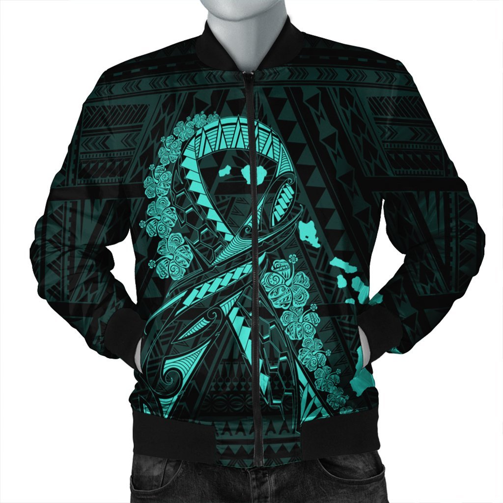 Hawaiian Map Heart Ribbon Cancer Hibiscus Turquoise Polynesian Bomber Jacket - AH Black Unisex - Polynesian Pride