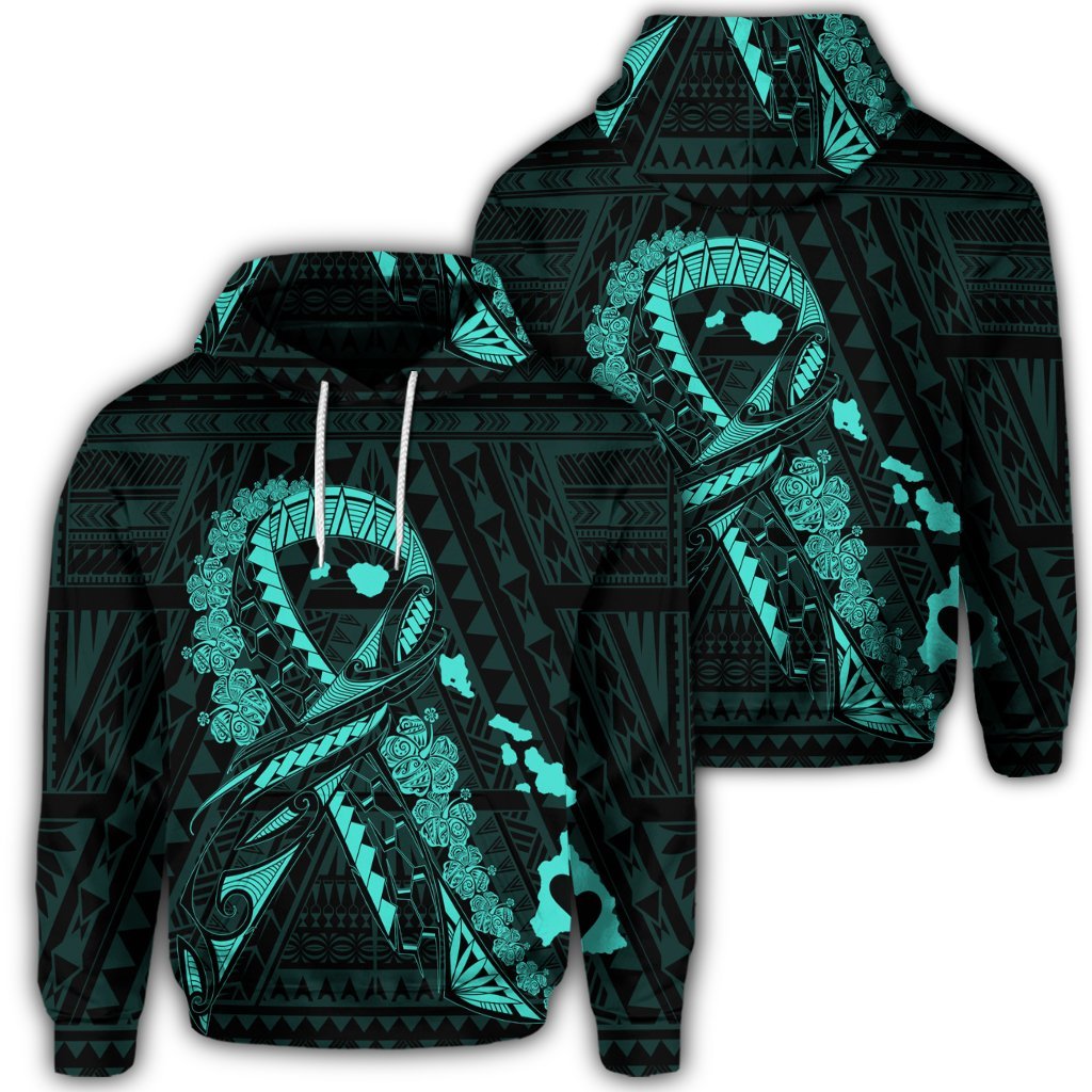 Hawaiian Map Heart Ribbon Cancer Hibiscus Turquoise Polynesian Hoodie Unisex Art - Polynesian Pride